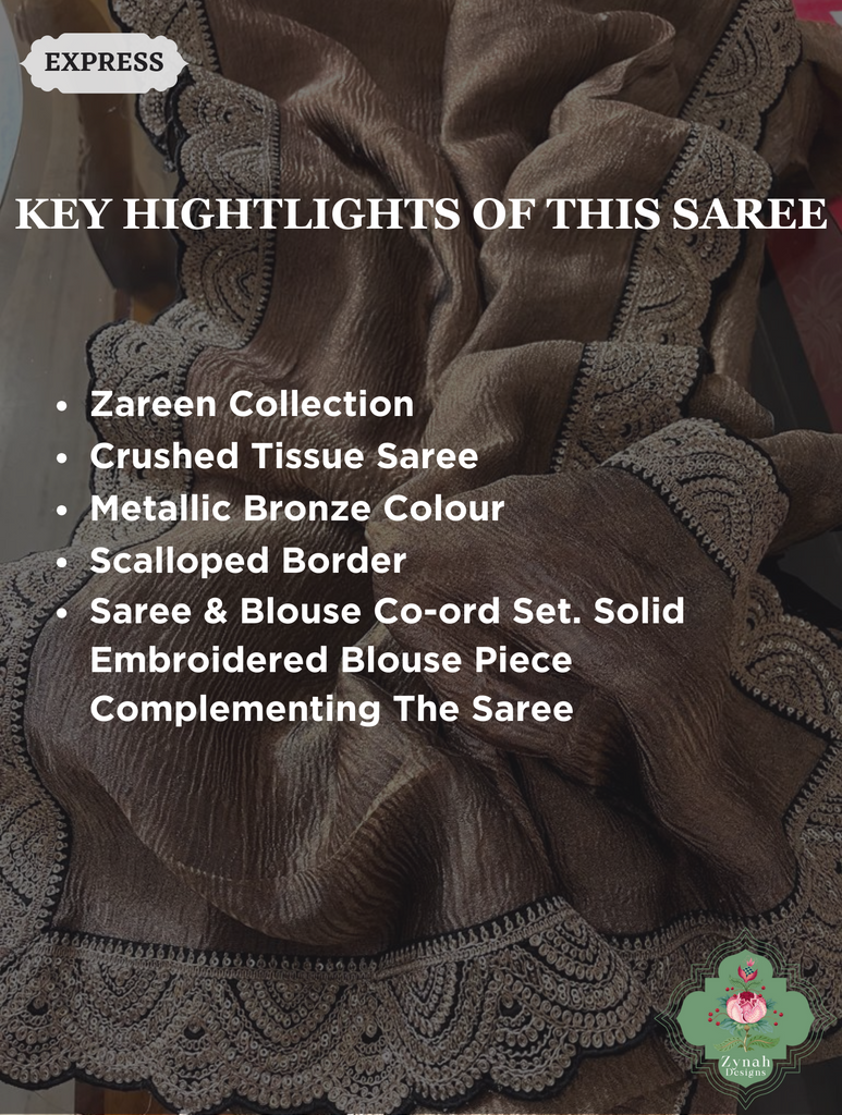 Metallic Bronze Crushed Tissue Saree With Scalloped Border 2