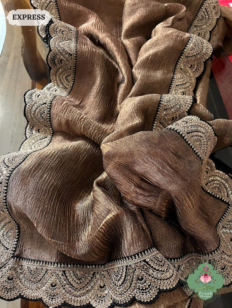 Metallic Bronze Crushed Tissue Saree With Scalloped Border 1