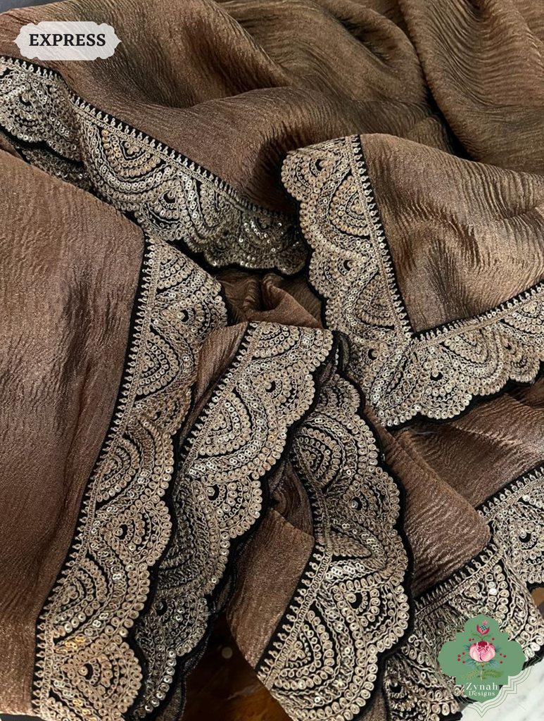 Metallic Bronze Crushed Tissue Saree With Scalloped Border 3