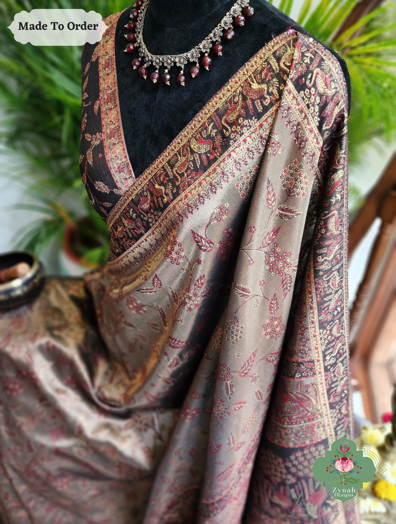 Zynah Made To Order Bronze Handwoven Kashmiri Pure Kani Tissue Silk Jamavar Saree; Custom Stitched/Ready-made Blouse, Fall, Petticoat; SKU: 0110202510