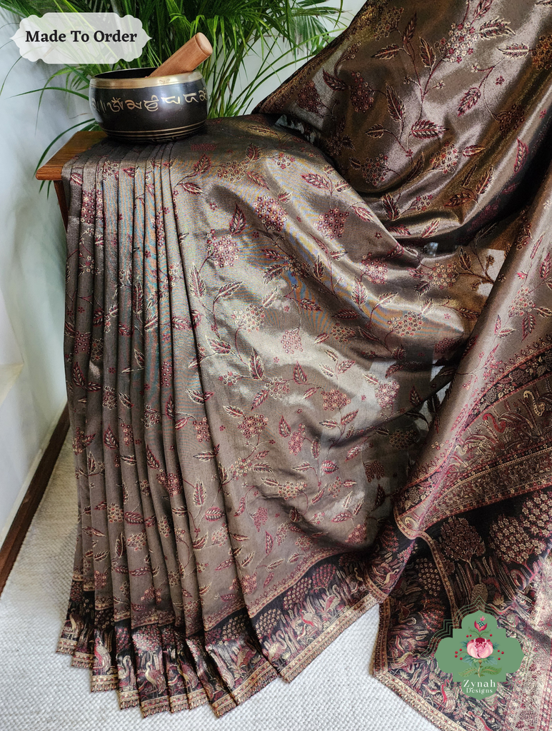 Zynah Made To Order Bronze Handwoven Kashmiri Pure Kani Tissue Silk Jamavar Saree; Custom Stitched/Ready-made Blouse, Fall, Petticoat; SKU: 0110202510