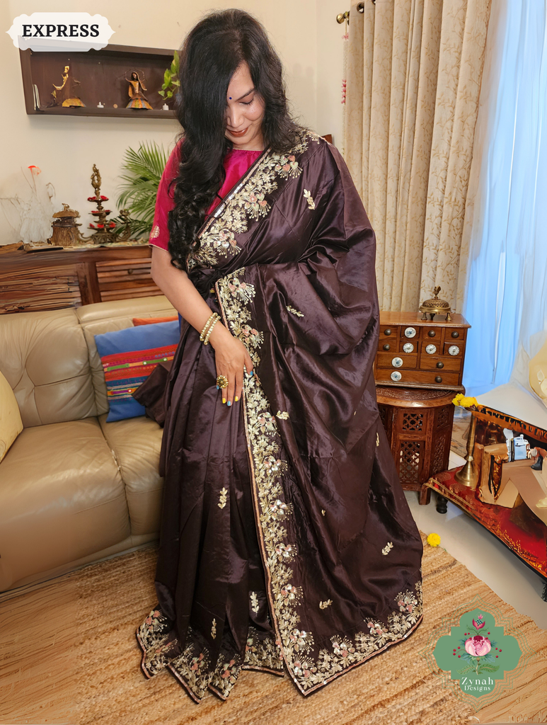 Zynah Deep Dark Brown Pure Bangalori Silk Saree With Hand Embellished Sequins, Pearl & Pita Work; Custom Stitched/Ready-made Blouse, Fall, Petticoat; SKU: 2602202504