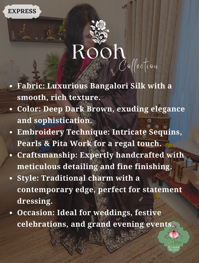 Zynah Deep Dark Brown Pure Bangalori Silk Saree With Hand Embellished Sequins, Pearl & Pita Work; Custom Stitched/Ready-made Blouse, Fall, Petticoat; SKU: 2602202504