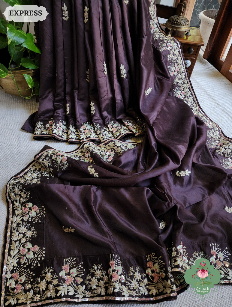 Zynah Deep Dark Brown Pure Bangalori Silk Saree With Hand Embellished Sequins, Pearl & Pita Work; Custom Stitched/Ready-made Blouse, Fall, Petticoat; SKU: 2602202504