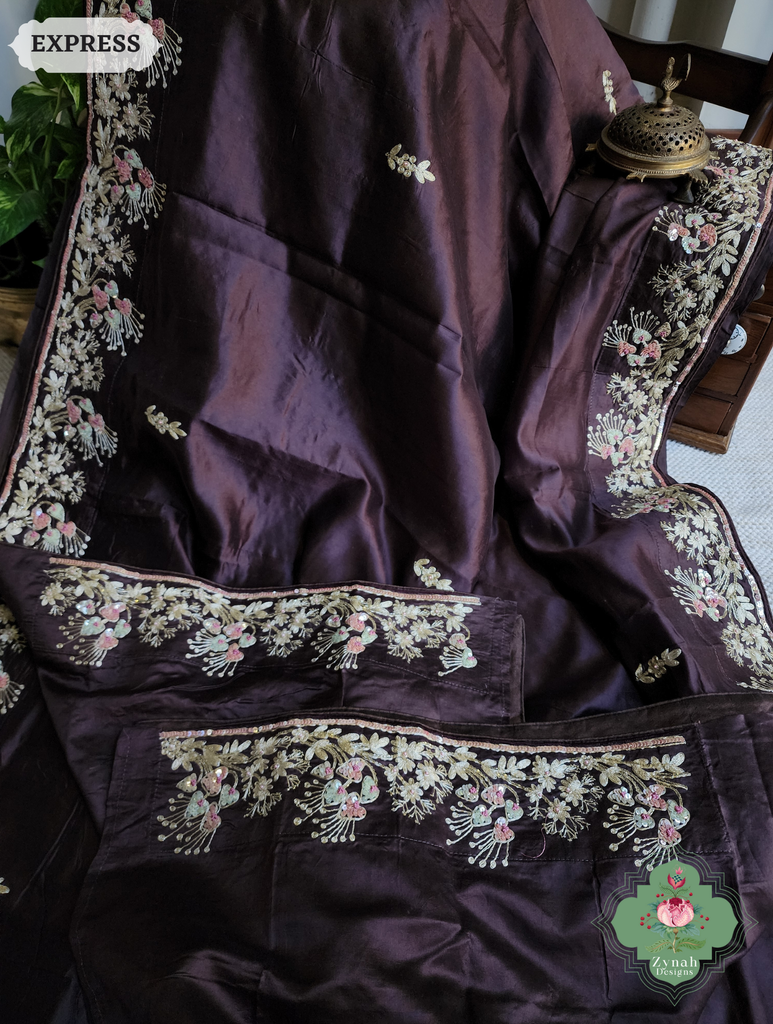 Zynah Deep Dark Brown Pure Bangalori Silk Saree With Hand Embellished Sequins, Pearl & Pita Work; Custom Stitched/Ready-made Blouse, Fall, Petticoat; SKU: 2602202504