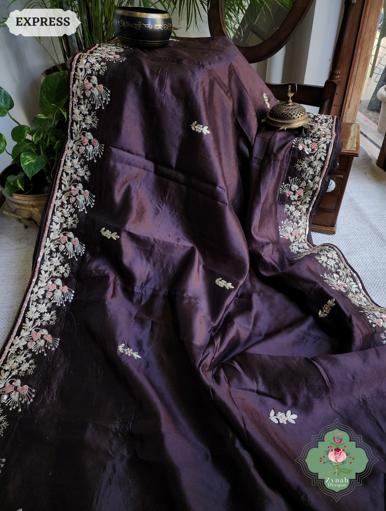 Zynah Deep Dark Brown Pure Bangalori Silk Saree With Hand Embellished Sequins, Pearl & Pita Work; Custom Stitched/Ready-made Blouse, Fall, Petticoat; SKU: 2602202504