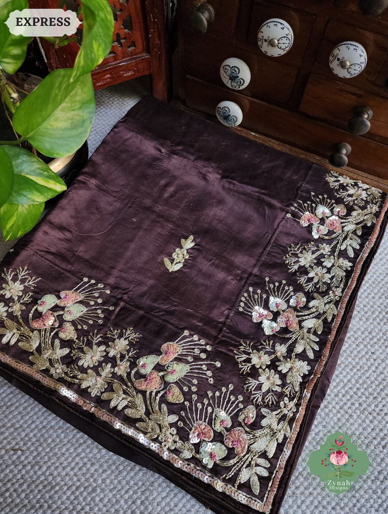 Zynah Deep Dark Brown Pure Bangalori Silk Saree With Hand Embellished Sequins, Pearl & Pita Work; Custom Stitched/Ready-made Blouse, Fall, Petticoat; SKU: 2602202504