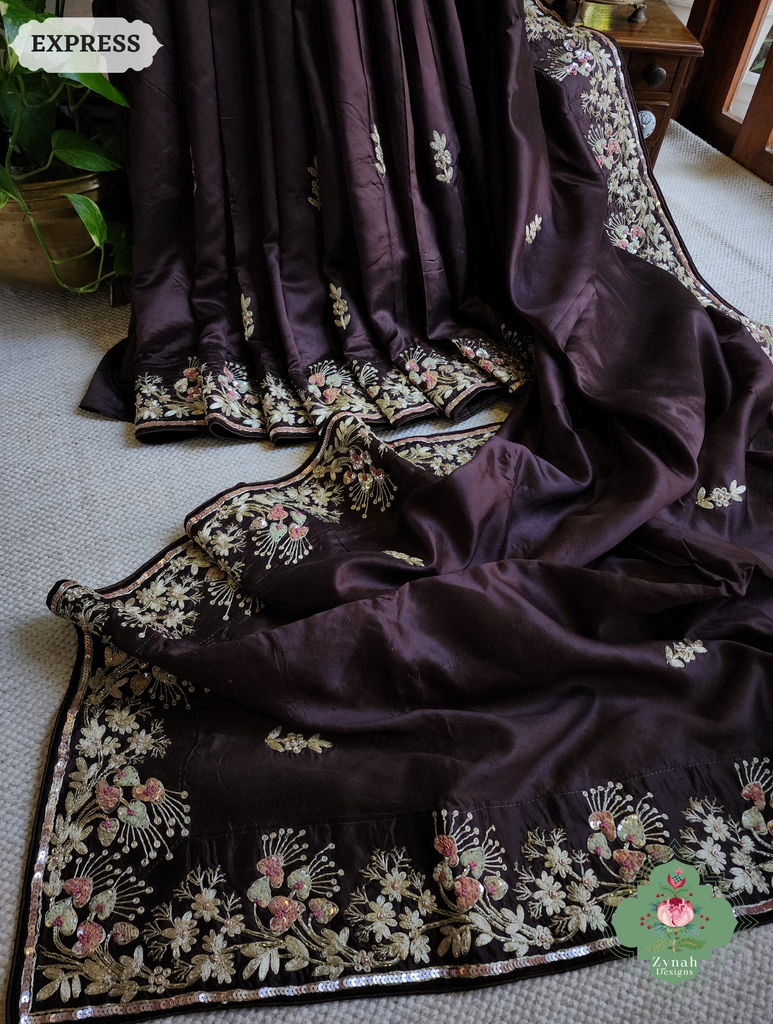 Zynah Deep Dark Brown Pure Bangalori Silk Saree With Hand Embellished Sequins, Pearl & Pita Work; Custom Stitched/Ready-made Blouse, Fall, Petticoat; SKU: 2602202504