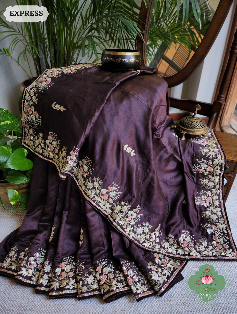 Zynah Deep Dark Brown Pure Bangalori Silk Saree With Hand Embellished Sequins, Pearl & Pita Work; Custom Stitched/Ready-made Blouse, Fall, Petticoat; SKU: 2602202504