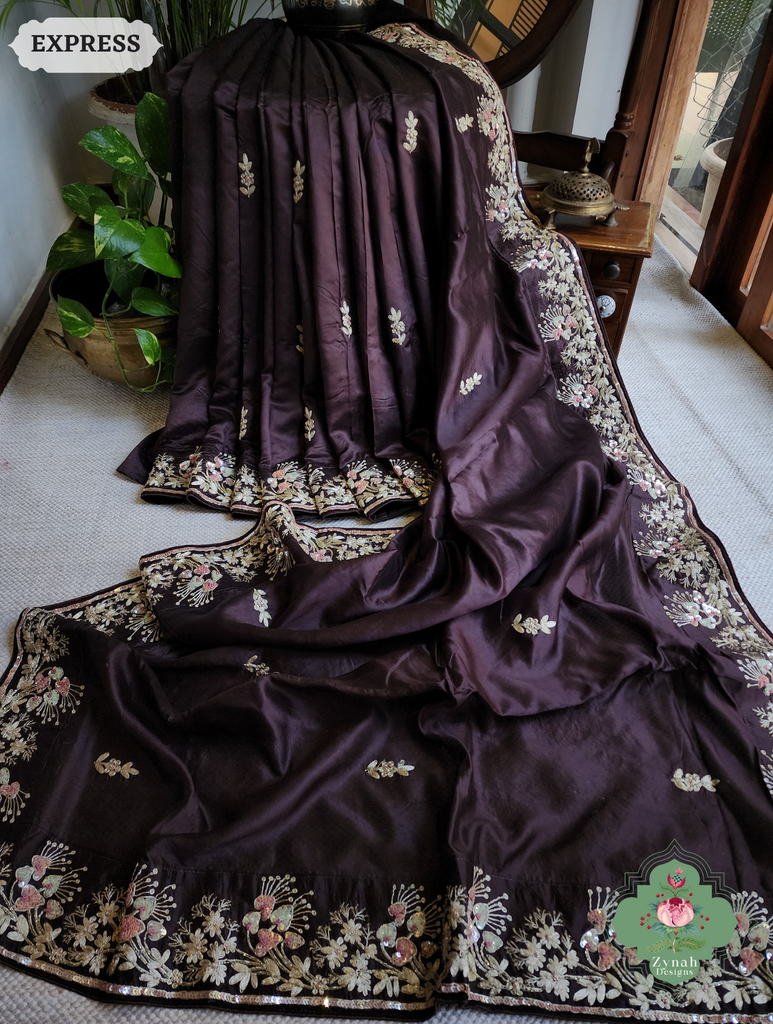 Zynah Deep Dark Brown Pure Bangalori Silk Saree With Hand Embellished Sequins, Pearl & Pita Work; Custom Stitched/Ready-made Blouse, Fall, Petticoat; SKU: 2602202504