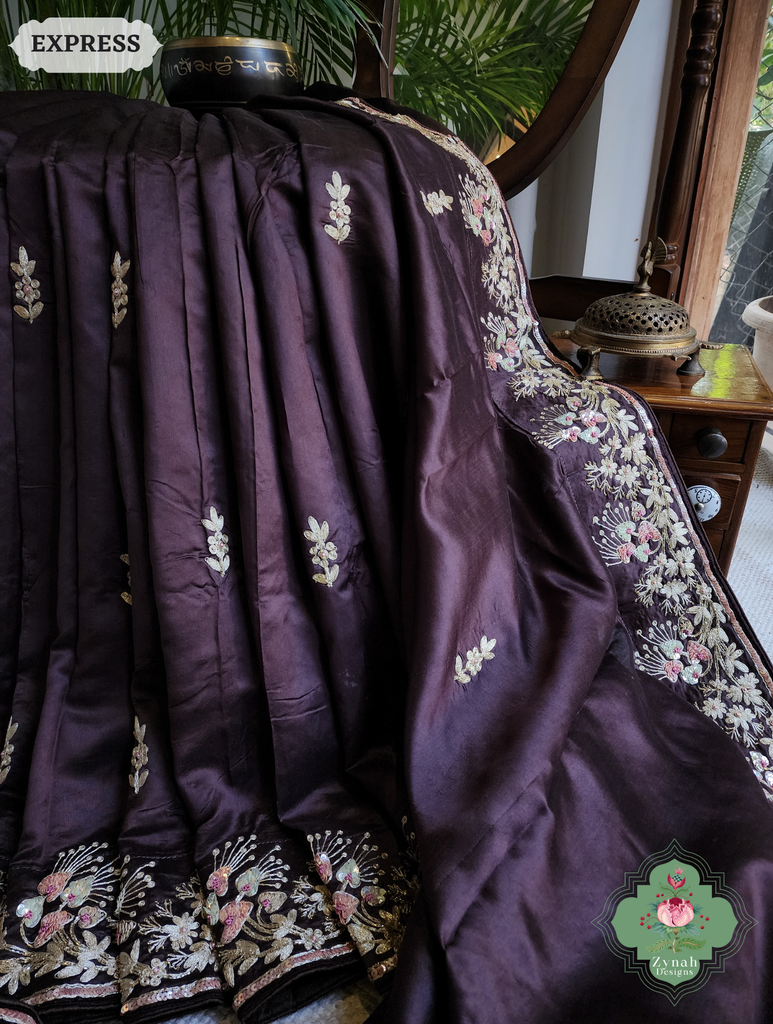 Zynah Deep Dark Brown Pure Bangalori Silk Saree With Hand Embellished Sequins, Pearl & Pita Work; Custom Stitched/Ready-made Blouse, Fall, Petticoat; SKU: 2602202504