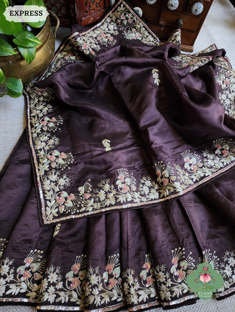 Zynah Deep Dark Brown Pure Bangalori Silk Saree With Hand Embellished Sequins, Pearl & Pita Work; Custom Stitched/Ready-made Blouse, Fall, Petticoat; SKU: 2602202504