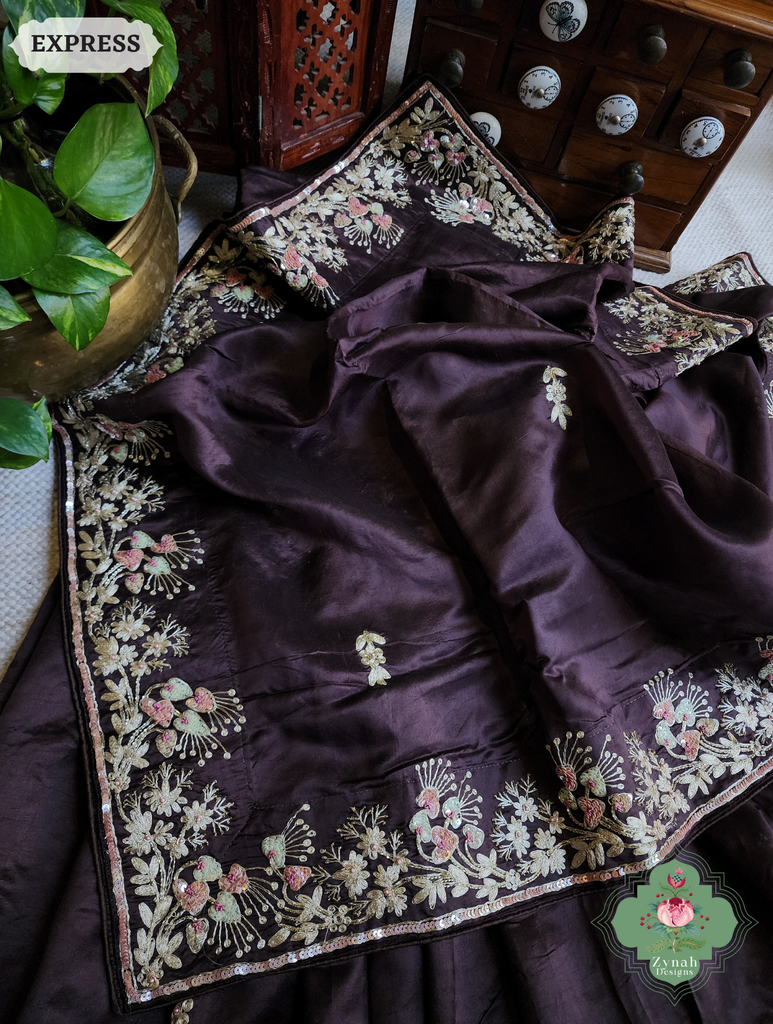Zynah Deep Dark Brown Pure Bangalori Silk Saree With Hand Embellished Sequins, Pearl & Pita Work; Custom Stitched/Ready-made Blouse, Fall, Petticoat; SKU: 2602202504