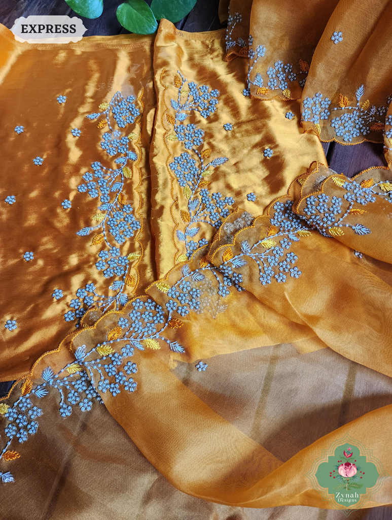 Zynah Burnt Yellow Organza Silk Saree With Pearls & Sequins Hand Embellishments; Custom Stitched/Ready-made Blouse, Fall, Petticoat; SKU: 2711202401