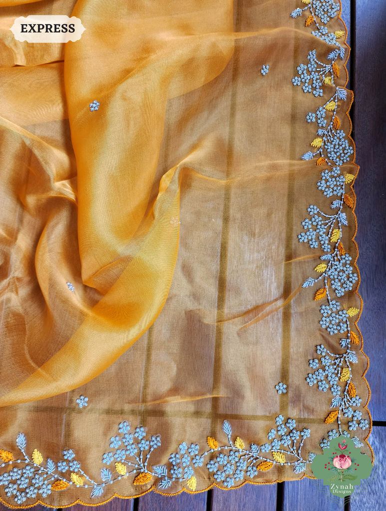 Zynah Burnt Yellow Organza Silk Saree With Pearls & Sequins Hand Embellishments; Custom Stitched/Ready-made Blouse, Fall, Petticoat; SKU: 2711202401