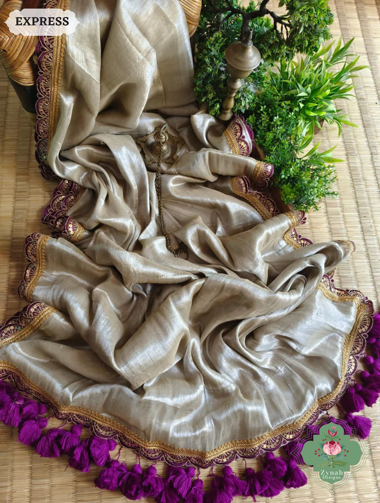 Zynah Metallic Champagne Gold Linen Tissue Saree With Scalloped Lace & Magenta Tassels; Custom Stitched/Ready-made Blouse, Fall, Petticoat; SKU: 2703202504