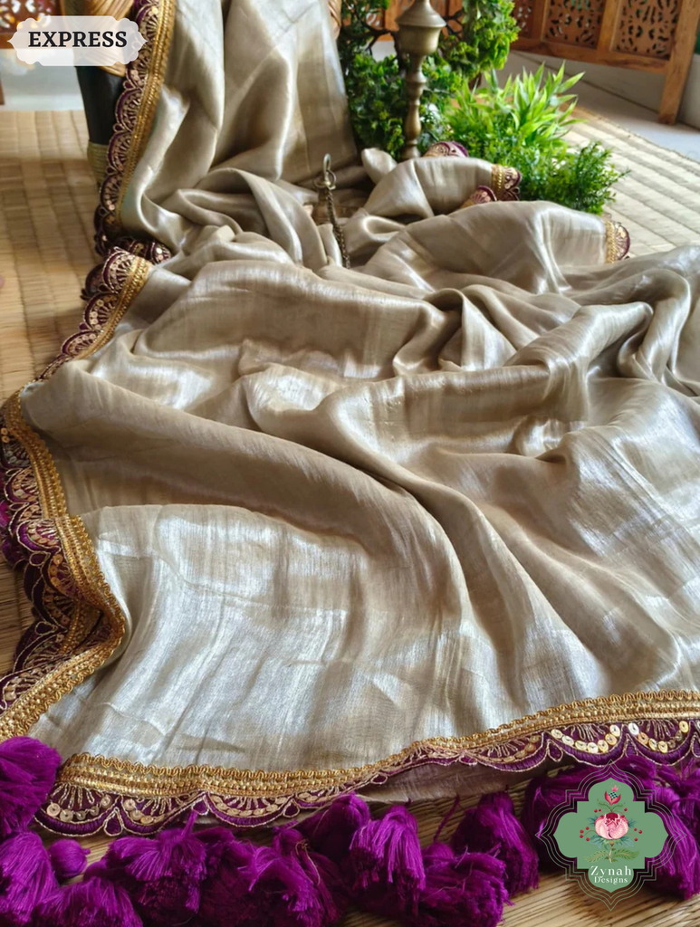 Zynah Metallic Champagne Gold Linen Tissue Saree With Scalloped Lace & Magenta Tassels; Custom Stitched/Ready-made Blouse, Fall, Petticoat; SKU: 2703202504