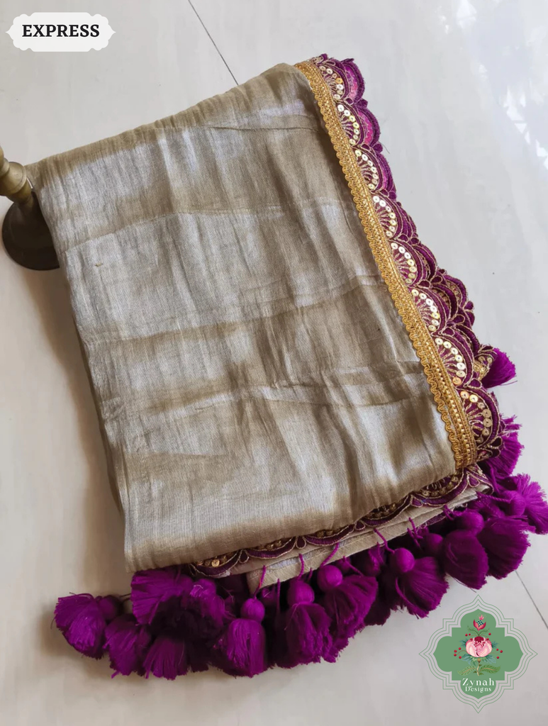 Zynah Metallic Champagne Gold Linen Tissue Saree With Scalloped Lace & Magenta Tassels; Custom Stitched/Ready-made Blouse, Fall, Petticoat; SKU: 2703202504