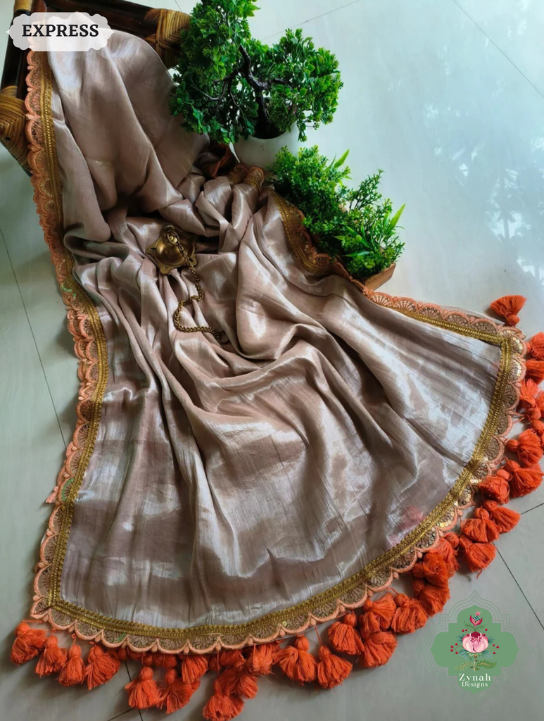 Zynah Metallic Champagne Gold Linen Tissue Saree With Scalloped Lace & Orange Tassels; Custom Stitched/Ready-made Blouse, Fall, Petticoat; SKU: 2703202505