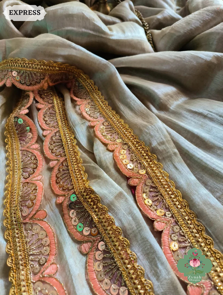 Zynah Metallic Champagne Gold Linen Tissue Saree With Scalloped Lace & Orange Tassels; Custom Stitched/Ready-made Blouse, Fall, Petticoat; SKU: 2703202505