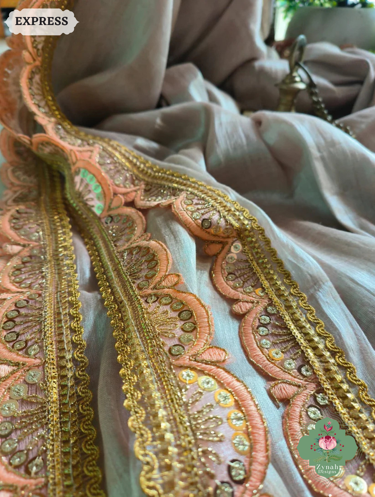Zynah Metallic Champagne Gold Linen Tissue Saree With Scalloped Lace & Orange Tassels; Custom Stitched/Ready-made Blouse, Fall, Petticoat; SKU: 2703202505