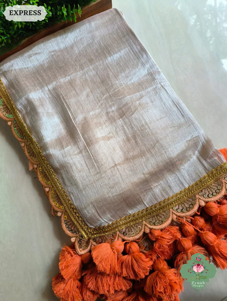 Zynah Metallic Champagne Gold Linen Tissue Saree With Scalloped Lace & Orange Tassels; Custom Stitched/Ready-made Blouse, Fall, Petticoat; SKU: 2703202505