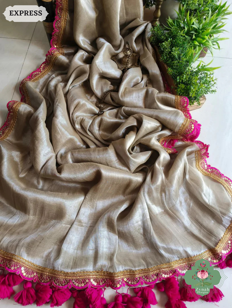 Zynah Metallic Champagne Gold Linen Tissue Saree With Scalloped Lace & Rani Tassels; Custom Stitched/Ready-made Blouse, Fall, Petticoat; SKU: 2703202506
