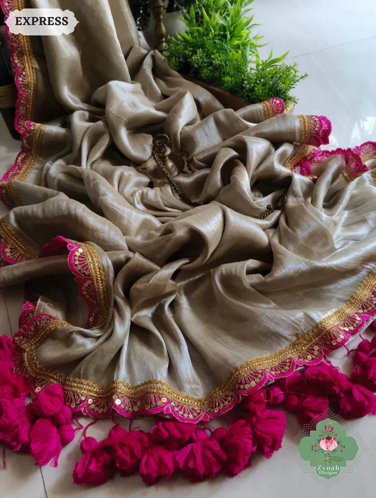 Zynah Metallic Champagne Gold Linen Tissue Saree With Scalloped Lace & Rani Tassels; Custom Stitched/Ready-made Blouse, Fall, Petticoat; SKU: 2703202506