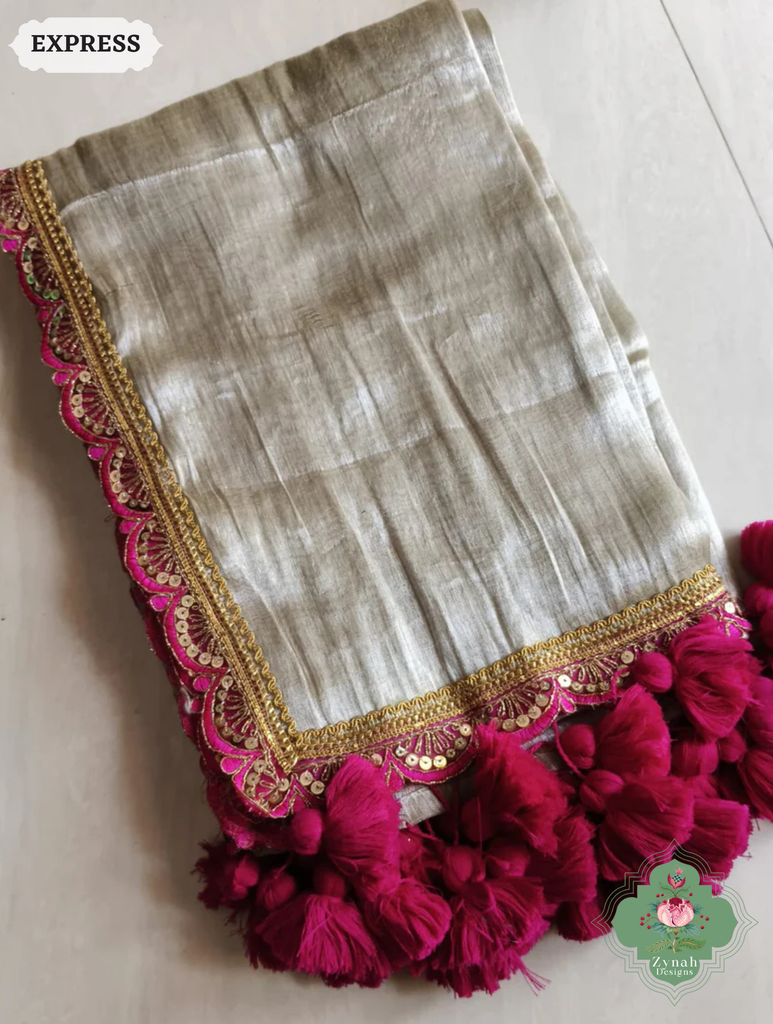 Zynah Metallic Champagne Gold Linen Tissue Saree With Scalloped Lace & Rani Tassels; Custom Stitched/Ready-made Blouse, Fall, Petticoat; SKU: 2703202506