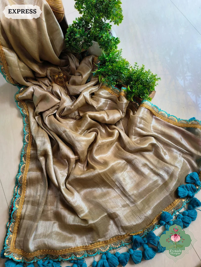Zynah Metallic Champagne Gold Linen Tissue Saree With Scalloped Lace & Turquoise Tassels; Custom Stitched/Ready-made Blouse, Fall, Petticoat; SKU: 2703202507