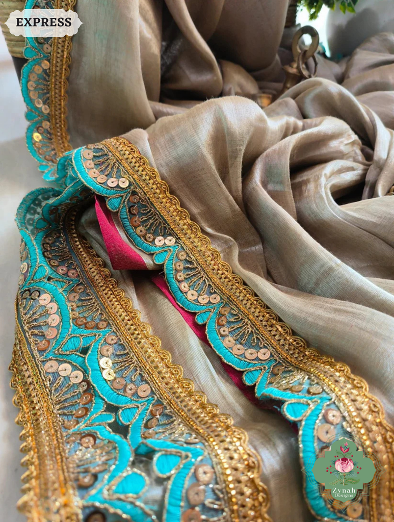 Zynah Metallic Champagne Gold Linen Tissue Saree With Scalloped Lace & Turquoise Tassels; Custom Stitched/Ready-made Blouse, Fall, Petticoat; SKU: 2703202507