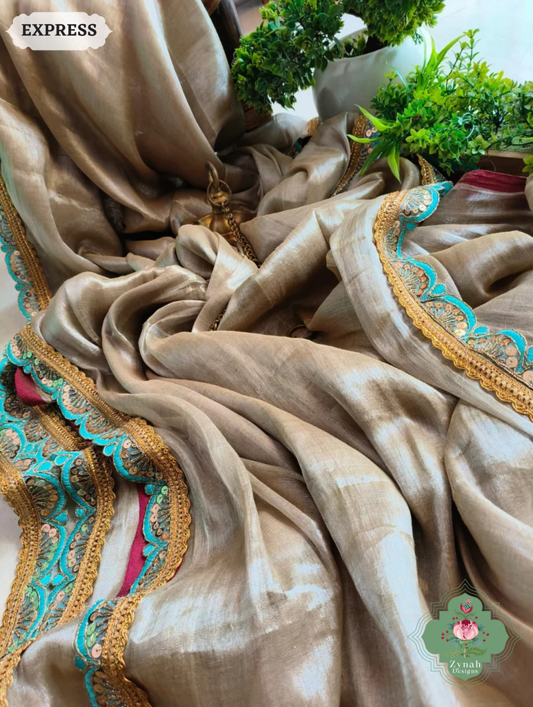 Zynah Metallic Champagne Gold Linen Tissue Saree With Scalloped Lace & Turquoise Tassels; Custom Stitched/Ready-made Blouse, Fall, Petticoat; SKU: 2703202507
