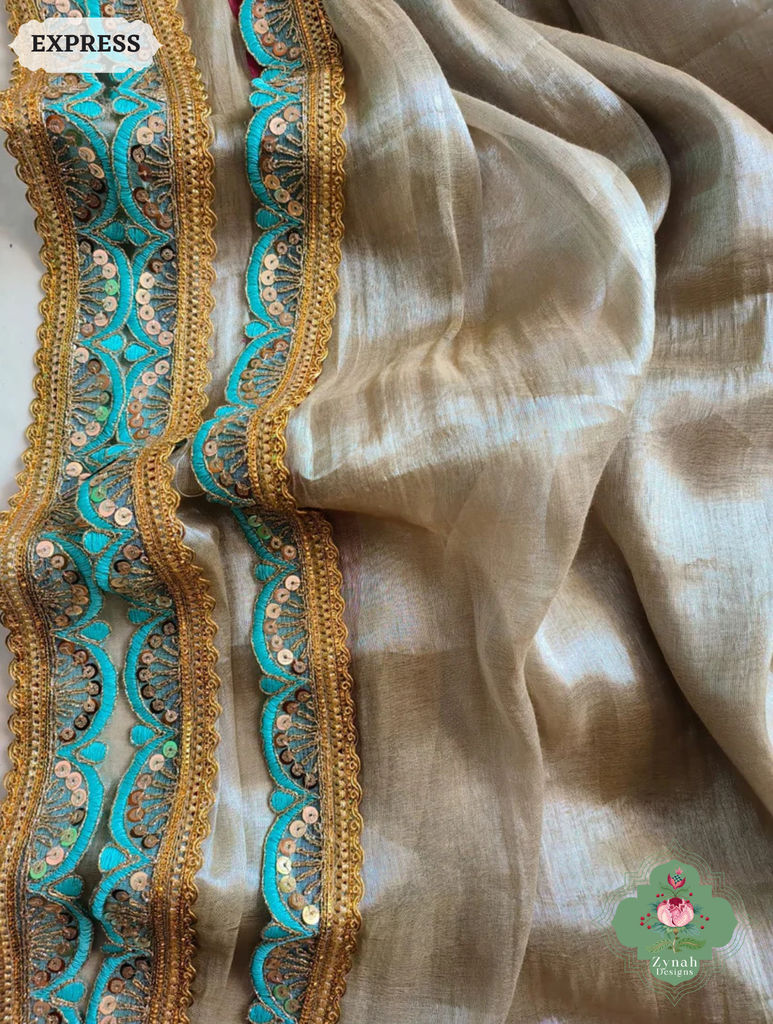 Zynah Metallic Champagne Gold Linen Tissue Saree With Scalloped Lace & Turquoise Tassels; Custom Stitched/Ready-made Blouse, Fall, Petticoat; SKU: 2703202507