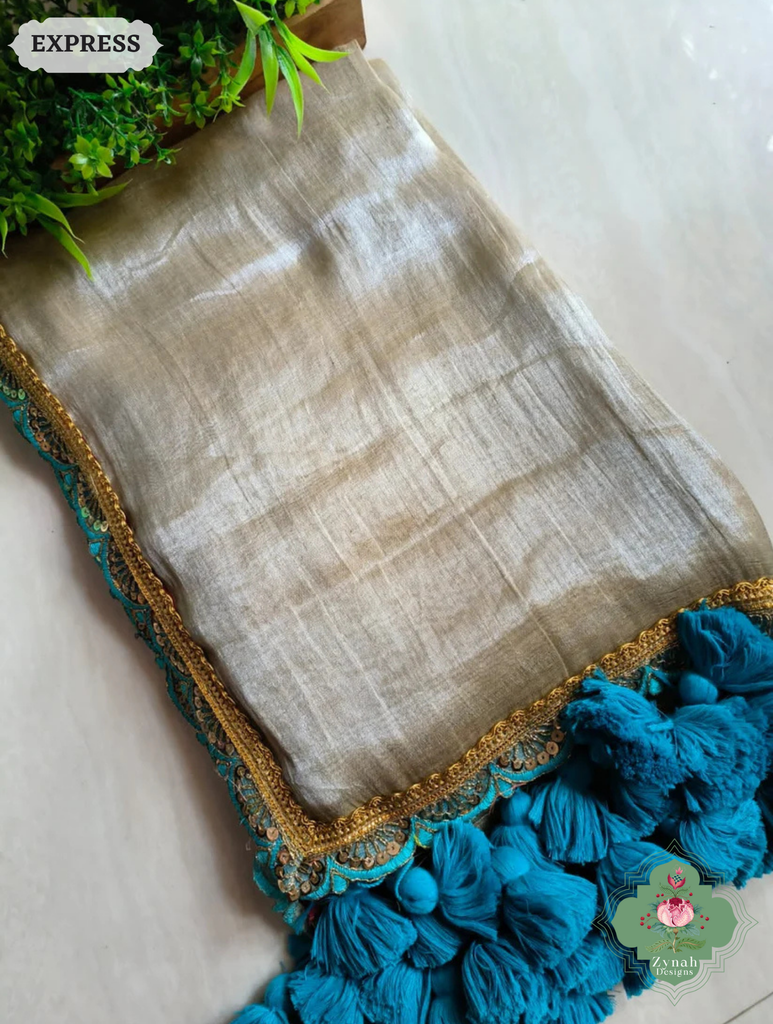 Zynah Metallic Champagne Gold Linen Tissue Saree With Scalloped Lace & Turquoise Tassels; Custom Stitched/Ready-made Blouse, Fall, Petticoat; SKU: 2703202507