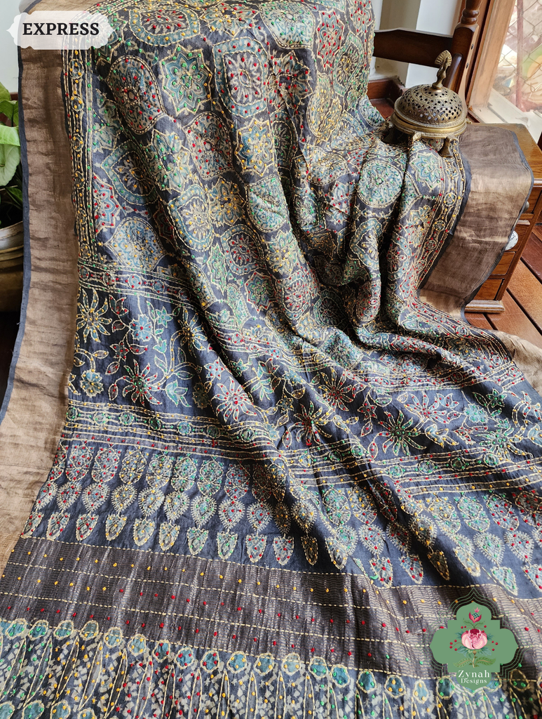 Zynah Charcoal & Green Pure Tussar Silk Hand Block Print Ajrakh Saree With Hand Embroidery; Custom Stitched/Ready-made Blouse, Fall, Petticoat; SKU: 2409202504