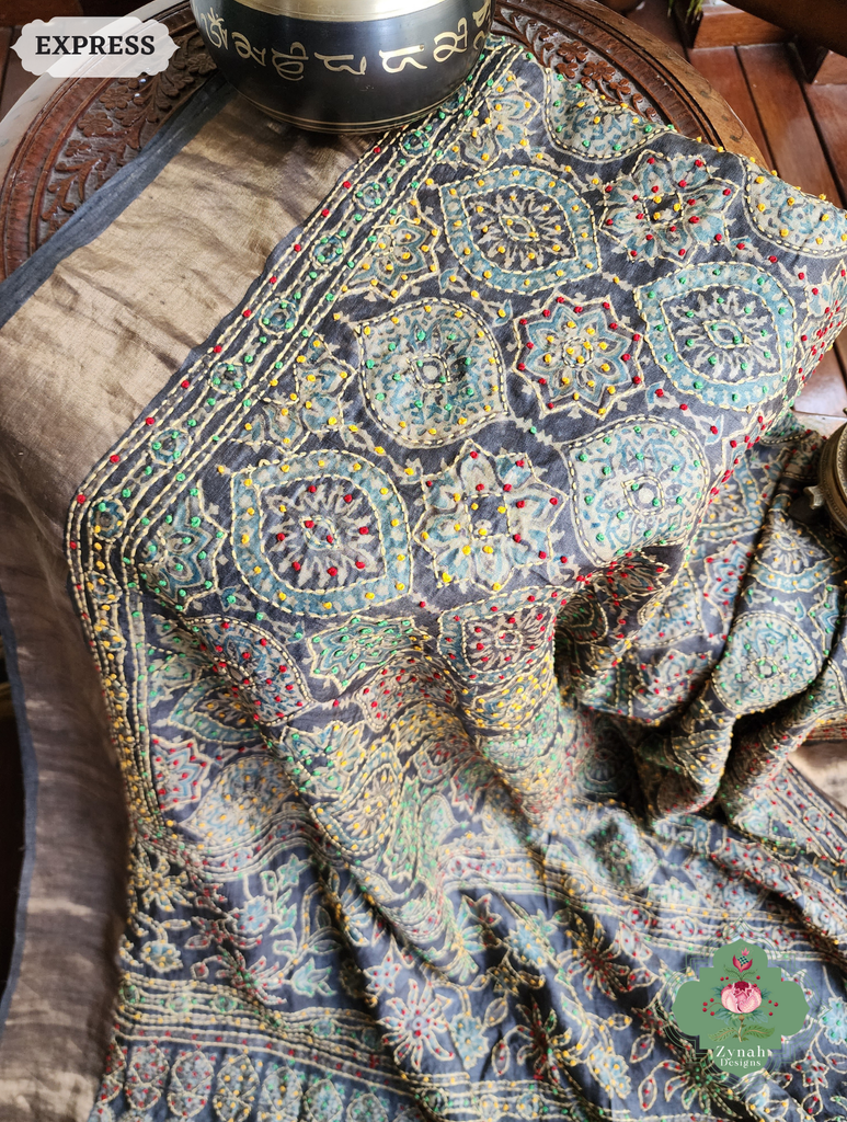 Zynah Charcoal & Green Pure Tussar Silk Hand Block Print Ajrakh Saree With Hand Embroidery; Custom Stitched/Ready-made Blouse, Fall, Petticoat; SKU: 2409202504