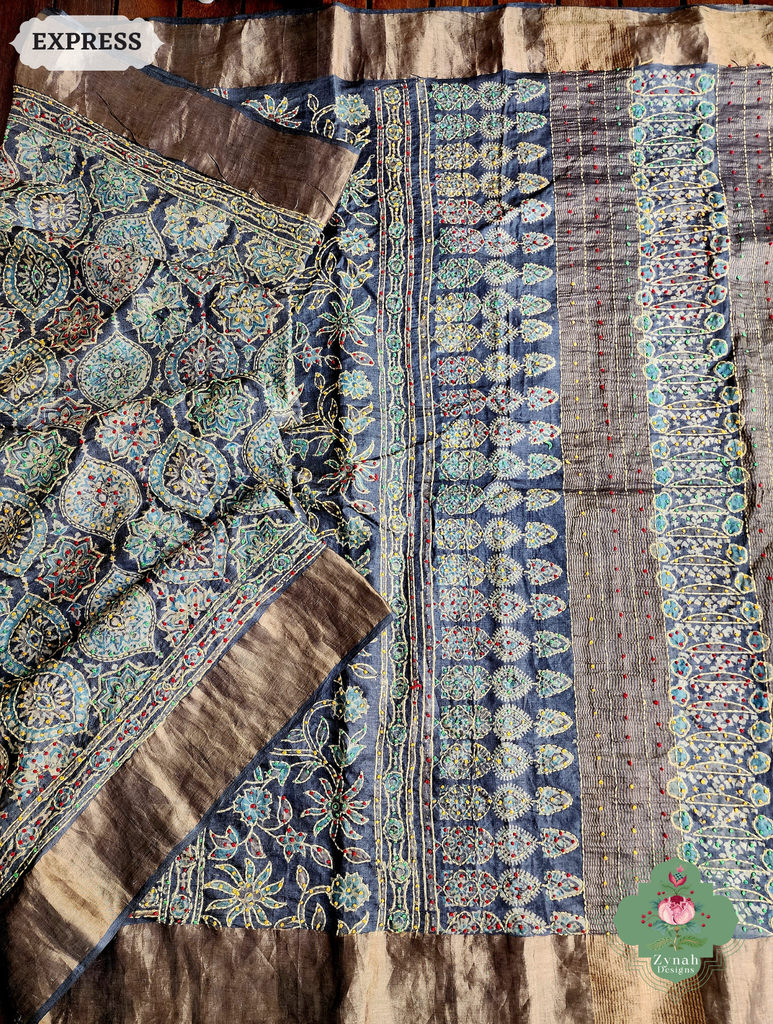 Zynah Charcoal & Green Pure Tussar Silk Hand Block Print Ajrakh Saree With Hand Embroidery; Custom Stitched/Ready-made Blouse, Fall, Petticoat; SKU: 2409202504