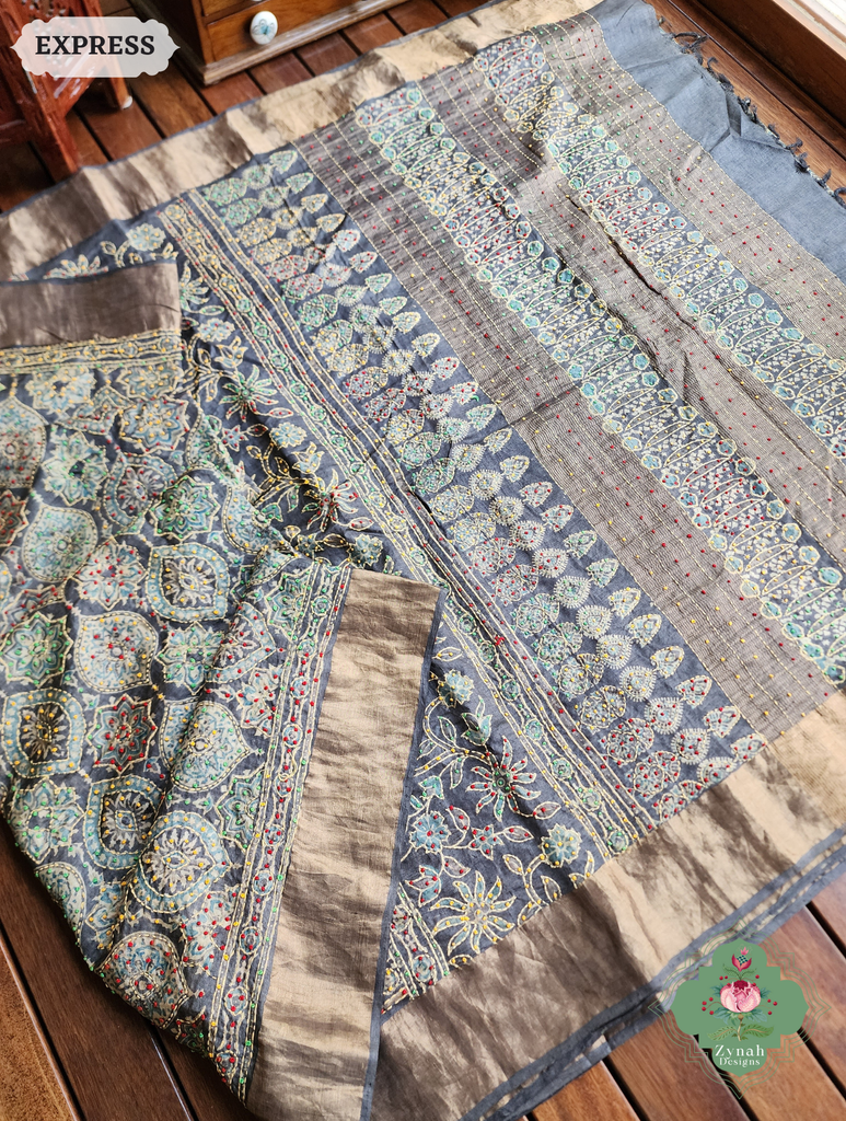 Zynah Charcoal & Green Pure Tussar Silk Hand Block Print Ajrakh Saree With Hand Embroidery; Custom Stitched/Ready-made Blouse, Fall, Petticoat; SKU: 2409202504