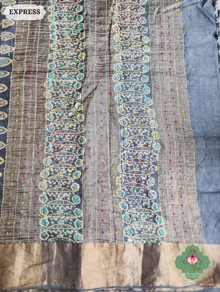 Zynah Charcoal & Green Pure Tussar Silk Hand Block Print Ajrakh Saree With Hand Embroidery; Custom Stitched/Ready-made Blouse, Fall, Petticoat; SKU: 2409202504