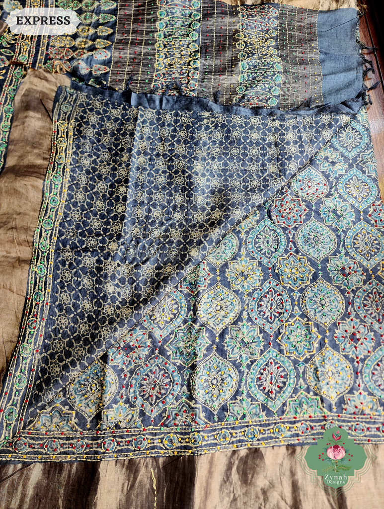 Zynah Charcoal & Green Pure Tussar Silk Hand Block Print Ajrakh Saree With Hand Embroidery; Custom Stitched/Ready-made Blouse, Fall, Petticoat; SKU: 2409202504