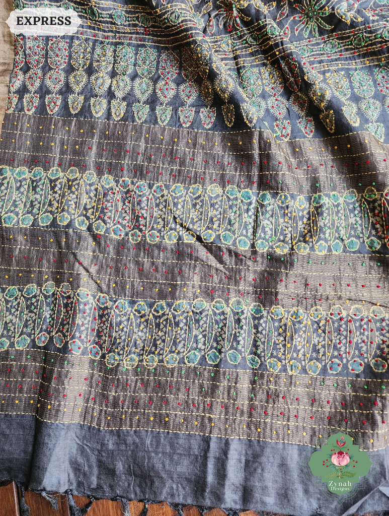 Zynah Charcoal & Green Pure Tussar Silk Hand Block Print Ajrakh Saree With Hand Embroidery; Custom Stitched/Ready-made Blouse, Fall, Petticoat; SKU: 2409202504