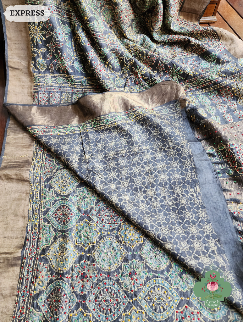 Zynah Charcoal & Green Pure Tussar Silk Hand Block Print Ajrakh Saree With Hand Embroidery; Custom Stitched/Ready-made Blouse, Fall, Petticoat; SKU: 2409202504