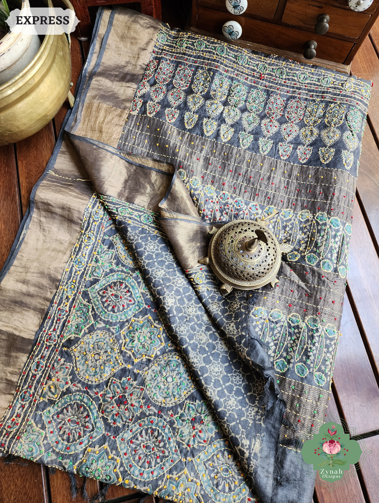 Zynah Charcoal & Green Pure Tussar Silk Hand Block Print Ajrakh Saree With Hand Embroidery; Custom Stitched/Ready-made Blouse, Fall, Petticoat; SKU: 2409202504