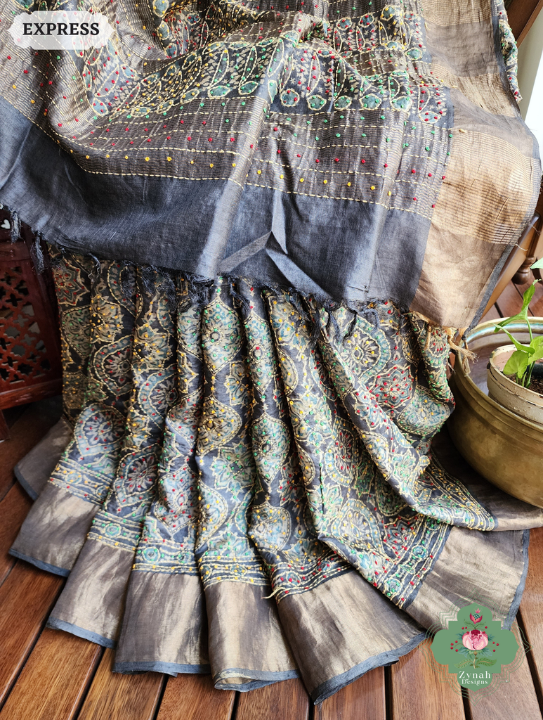 Zynah Charcoal & Green Pure Tussar Silk Hand Block Print Ajrakh Saree With Hand Embroidery; Custom Stitched/Ready-made Blouse, Fall, Petticoat; SKU: 2409202504