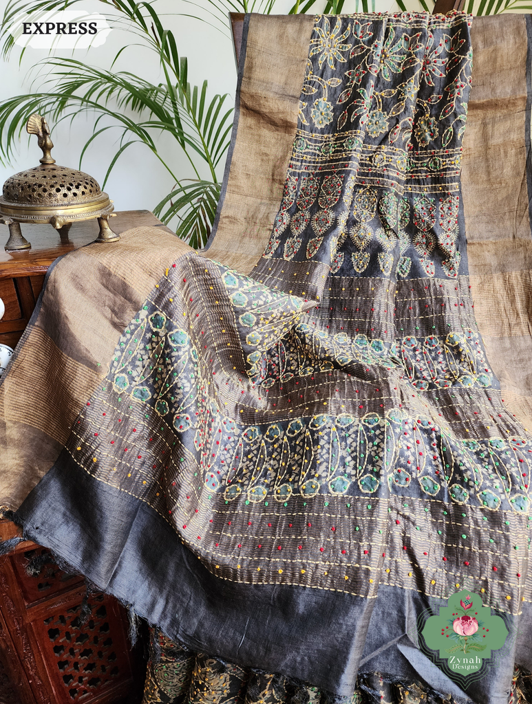 Zynah Charcoal & Green Pure Tussar Silk Hand Block Print Ajrakh Saree With Hand Embroidery; Custom Stitched/Ready-made Blouse, Fall, Petticoat; SKU: 2409202504