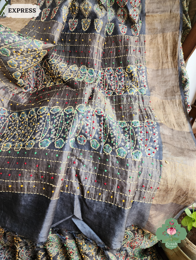 Zynah Charcoal & Green Pure Tussar Silk Hand Block Print Ajrakh Saree With Hand Embroidery; Custom Stitched/Ready-made Blouse, Fall, Petticoat; SKU: 2409202504