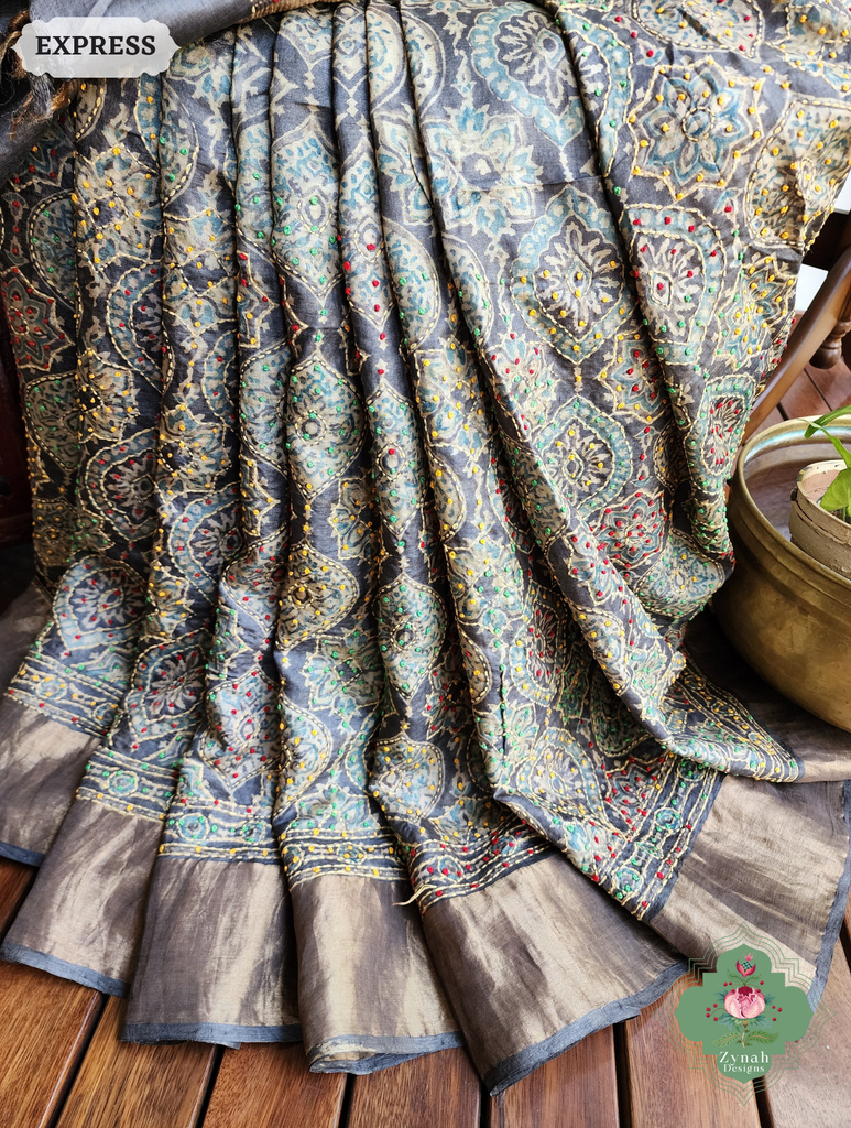 Zynah Charcoal & Green Pure Tussar Silk Hand Block Print Ajrakh Saree With Hand Embroidery; Custom Stitched/Ready-made Blouse, Fall, Petticoat; SKU: 2409202504