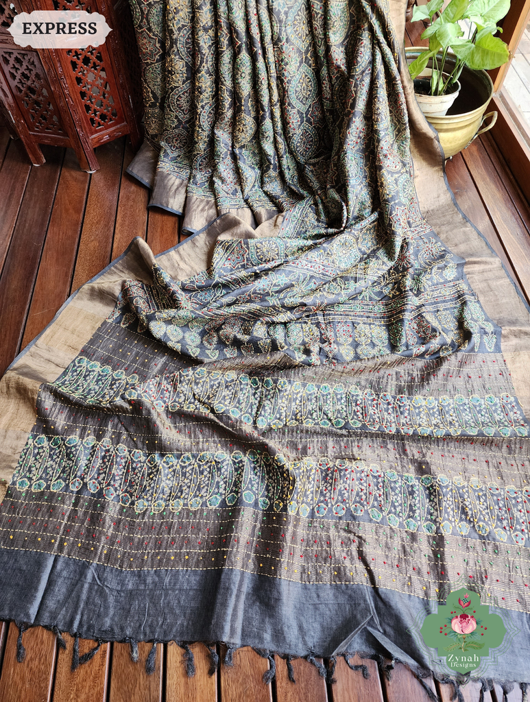 Zynah Charcoal & Green Pure Tussar Silk Hand Block Print Ajrakh Saree With Hand Embroidery; Custom Stitched/Ready-made Blouse, Fall, Petticoat; SKU: 2409202504