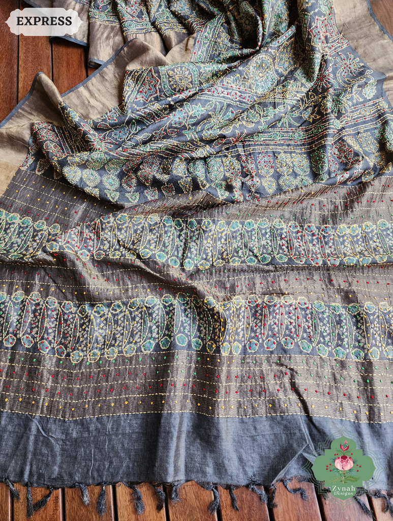 Zynah Charcoal & Green Pure Tussar Silk Hand Block Print Ajrakh Saree With Hand Embroidery; Custom Stitched/Ready-made Blouse, Fall, Petticoat; SKU: 2409202504