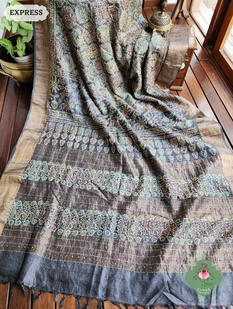 Zynah Charcoal & Green Pure Tussar Silk Hand Block Print Ajrakh Saree With Hand Embroidery; Custom Stitched/Ready-made Blouse, Fall, Petticoat; SKU: 2409202504